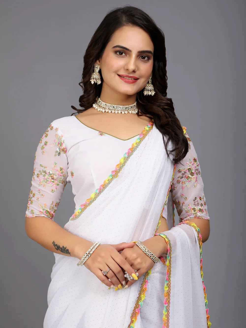 White Plain Georgette Bollywood Saree