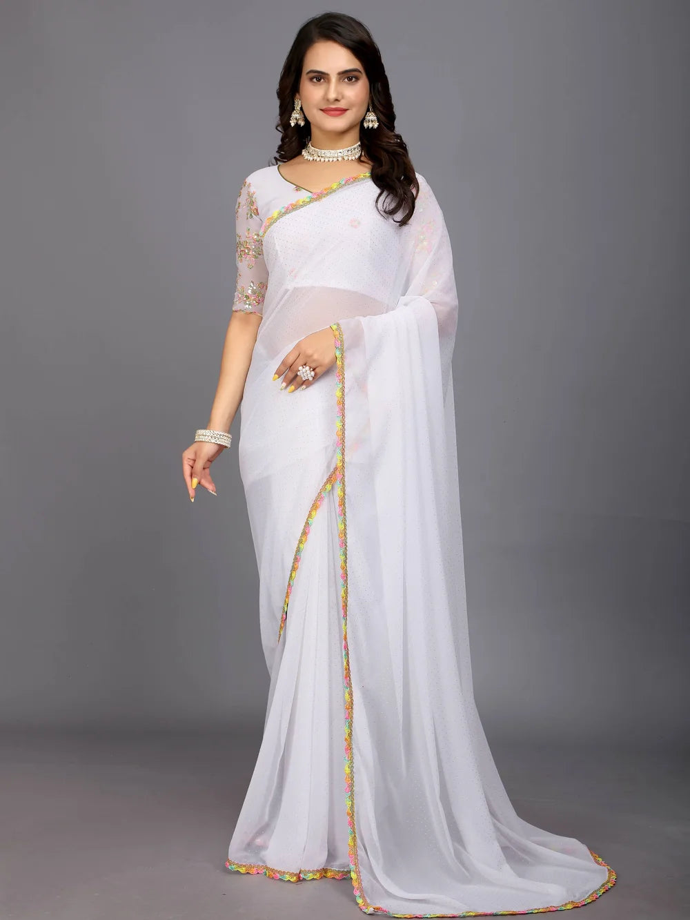 White Plain Georgette Bollywood Saree