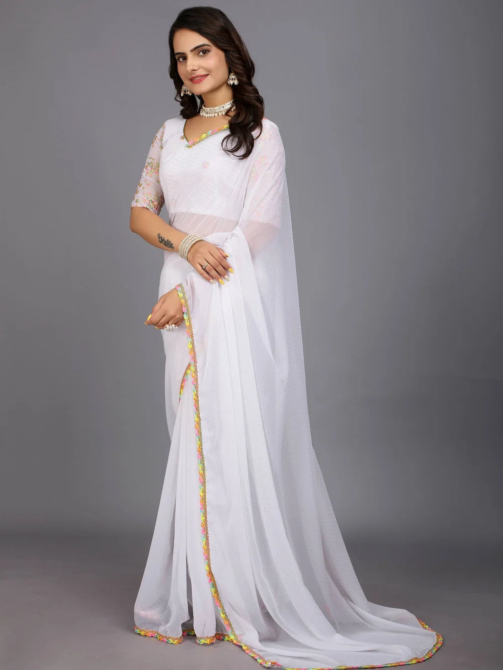 White Plain Georgette Bollywood Saree