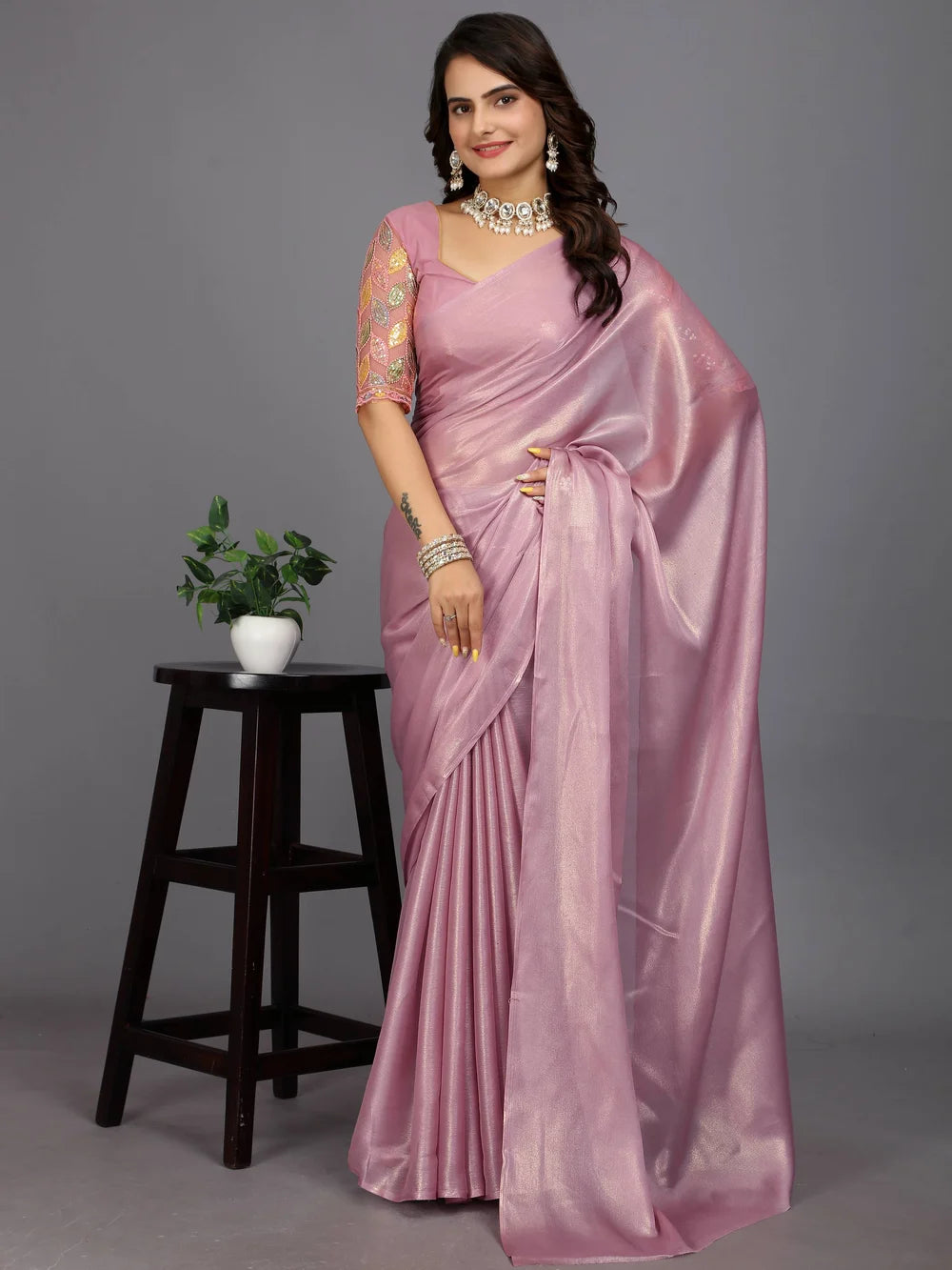 Pink Bollywood Style Plain Silk Blend Saree
