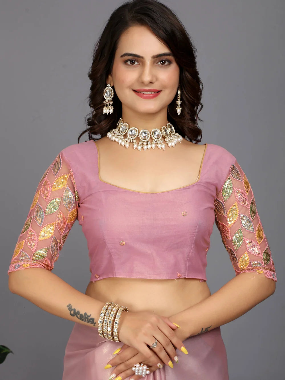 Pink Bollywood Style Plain Silk Blend Saree