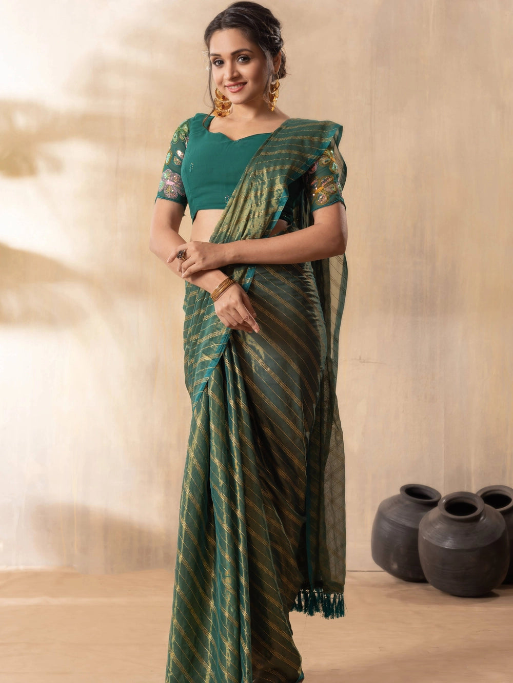 Stylish Silk Blend Teal Green Saree For Women