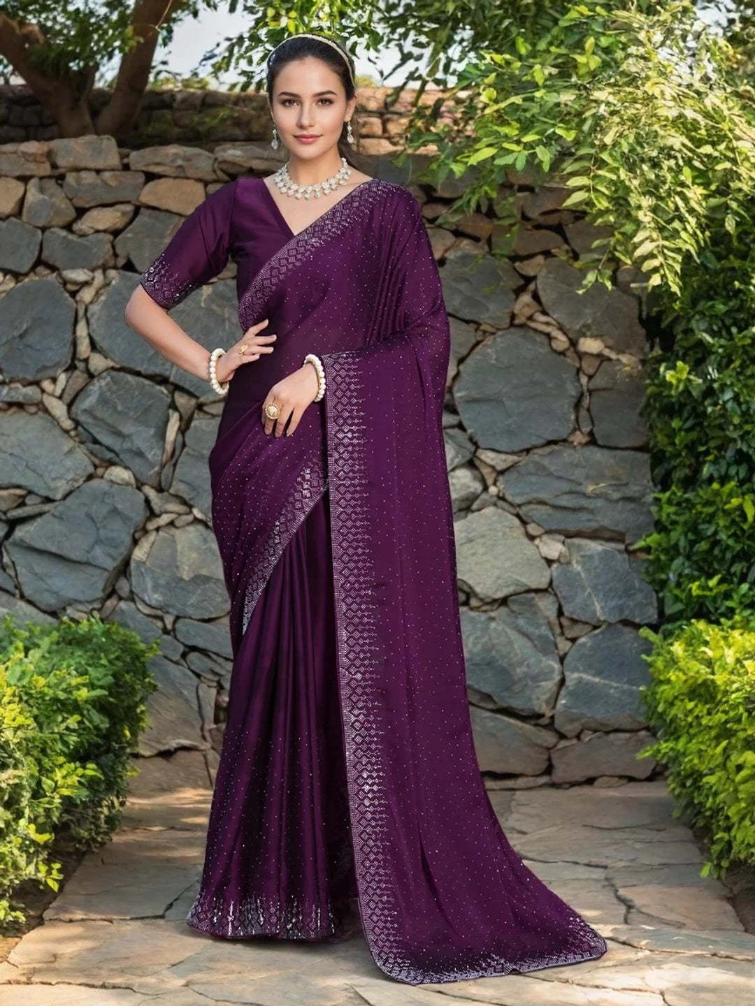 Wine Georgette Saree With Crystal Embellishments - Rheycart