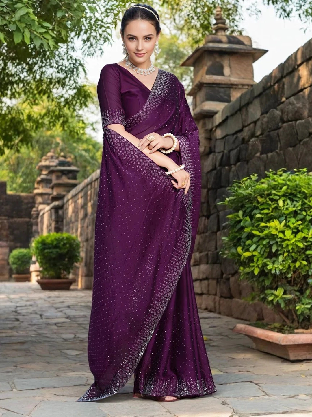 Wine Georgette Saree With Crystal Embellishments - Rheycart