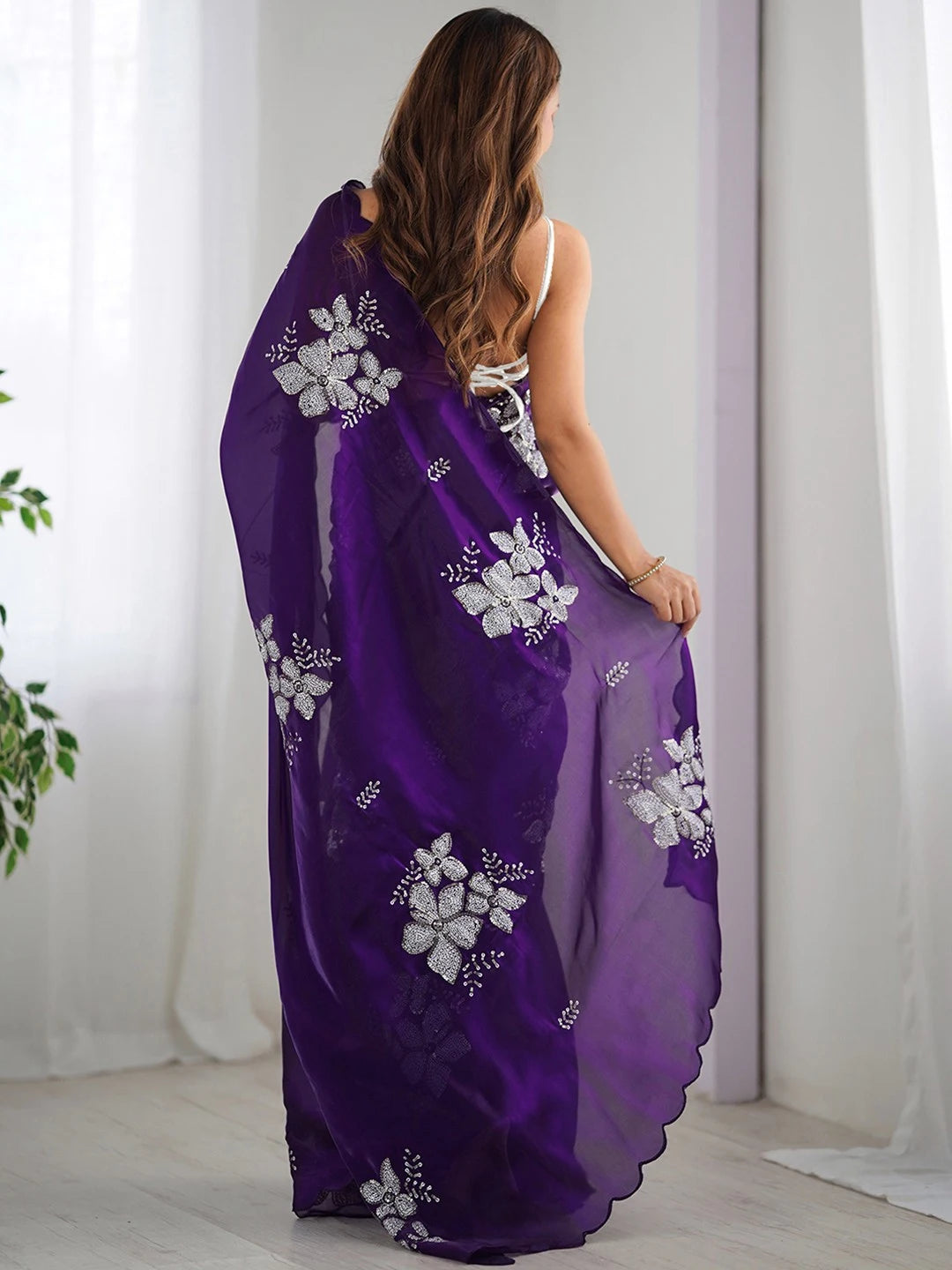 Purple Jimmy Choo Floral Embroidery Chiffon Saree - Rheycart