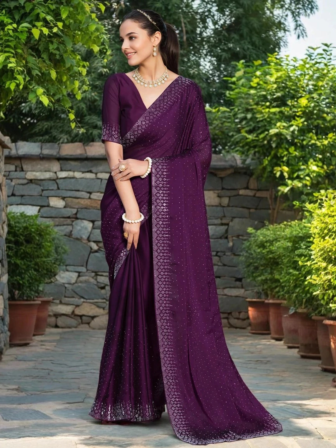 Wine Georgette Saree With Crystal Embellishments - Rheycart