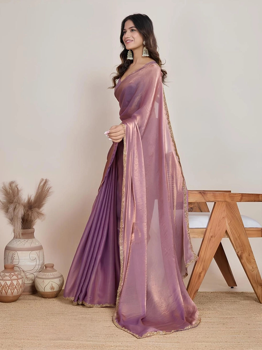 Lavender Fendi Soft Chiffon Saree For Cocktail Party