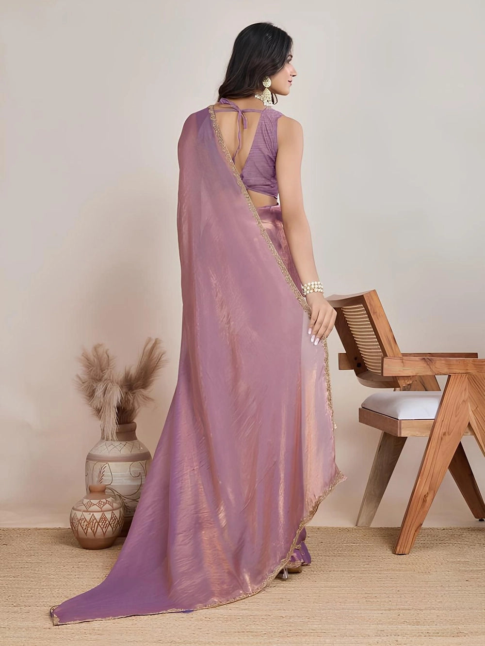Lavender Fendi Soft Chiffon Saree For Cocktail Party