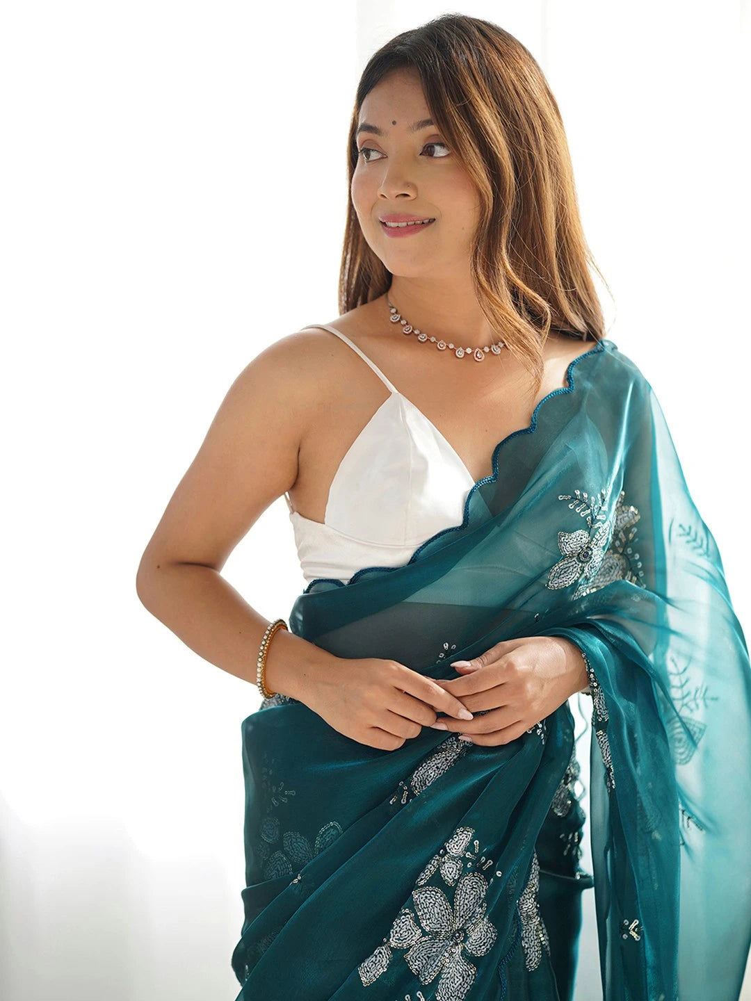 Dark Green Jimmy Choo Bollywood Style Chiffon Saree - Rheycart