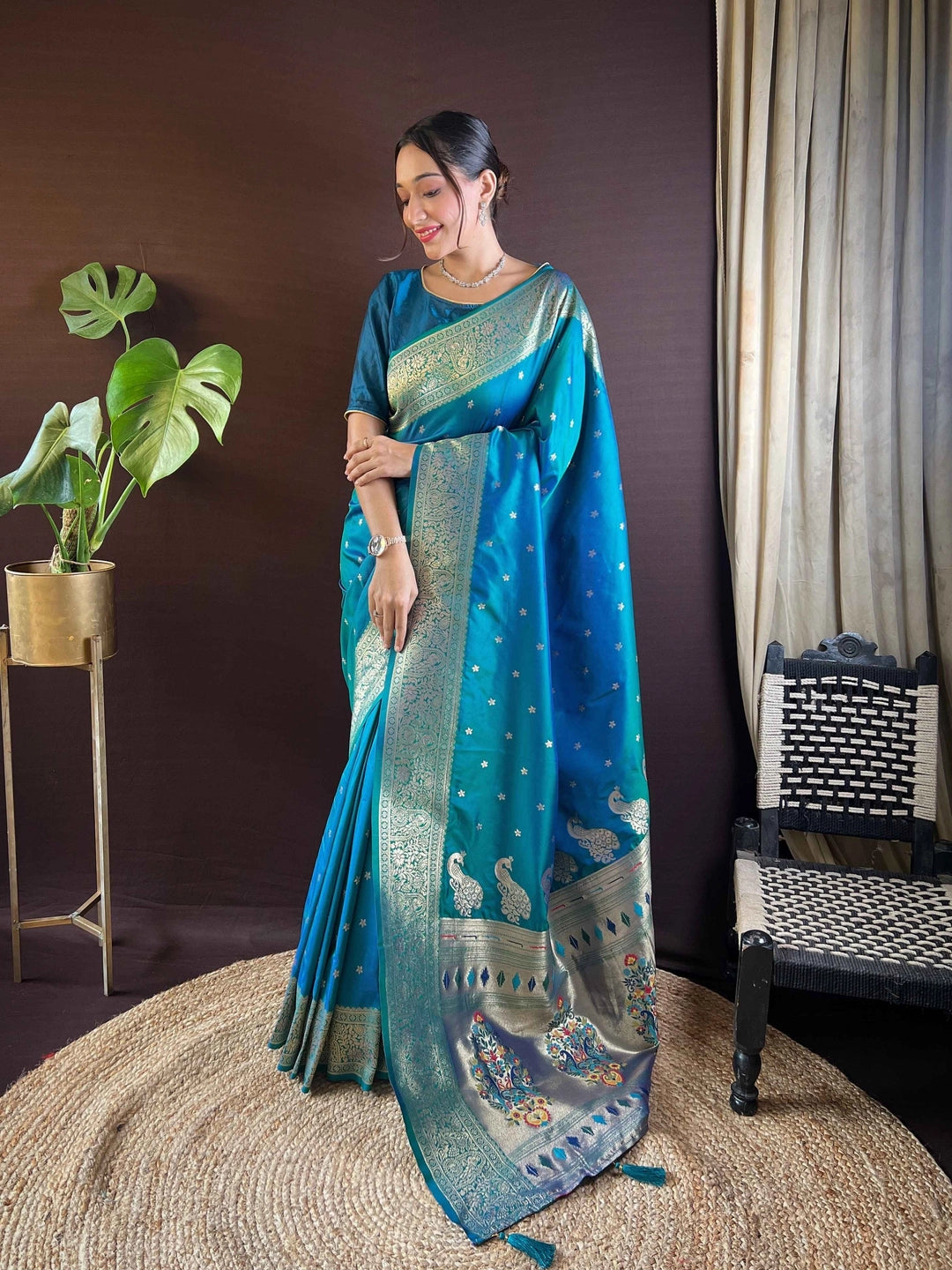 Paithani Silk Teal Blue Woven Saree - Rheycart