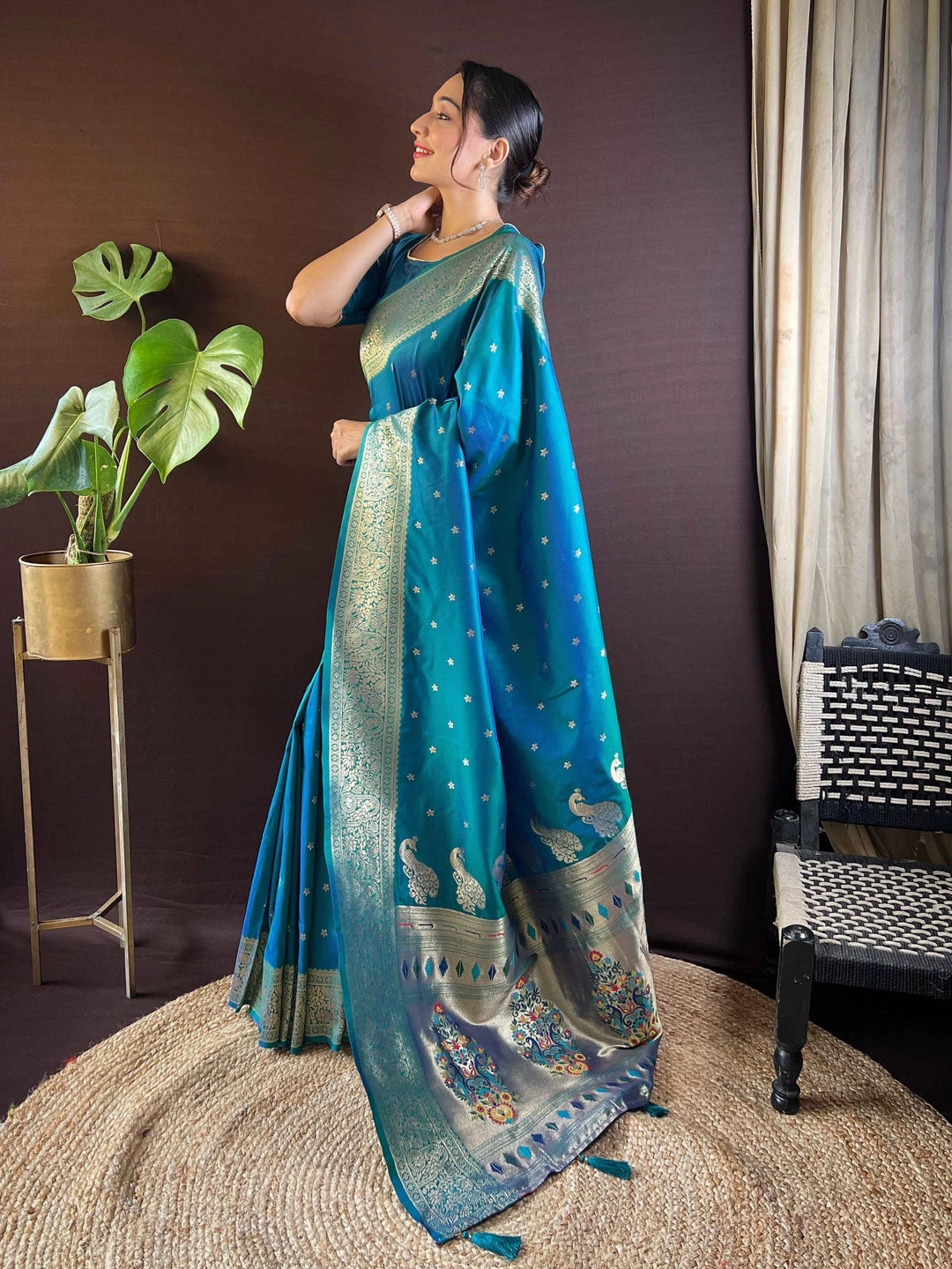 Paithani Silk Teal Blue Woven Saree - Rheycart