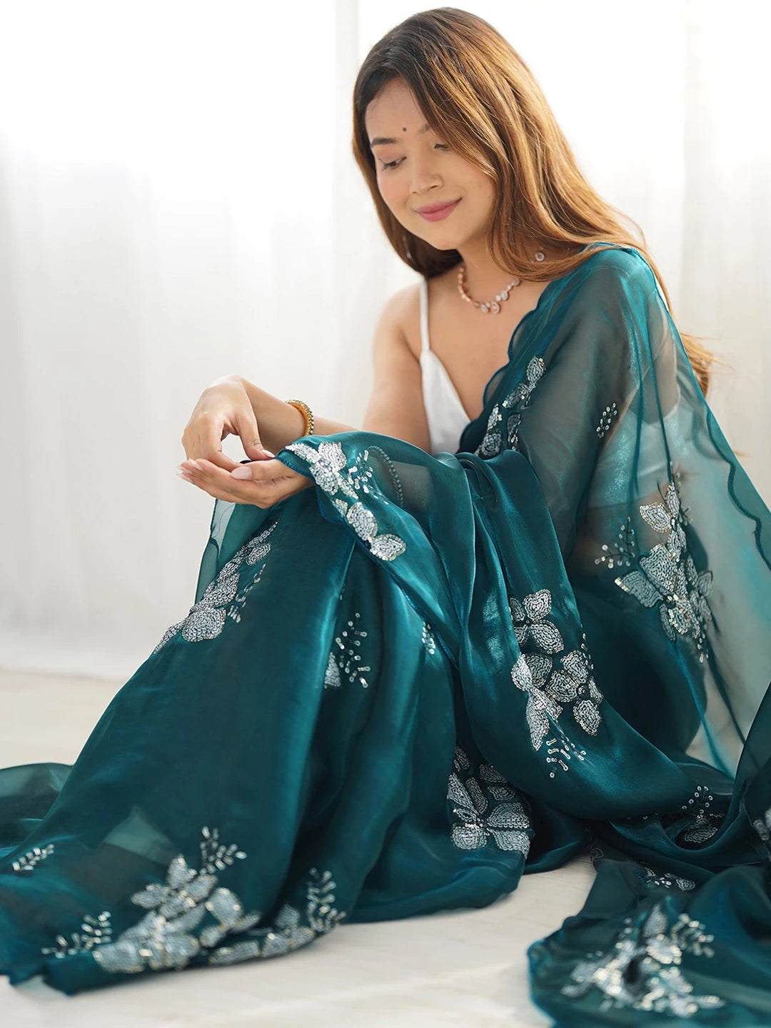 Dark Green Jimmy Choo Bollywood Style Chiffon Saree - Rheycart