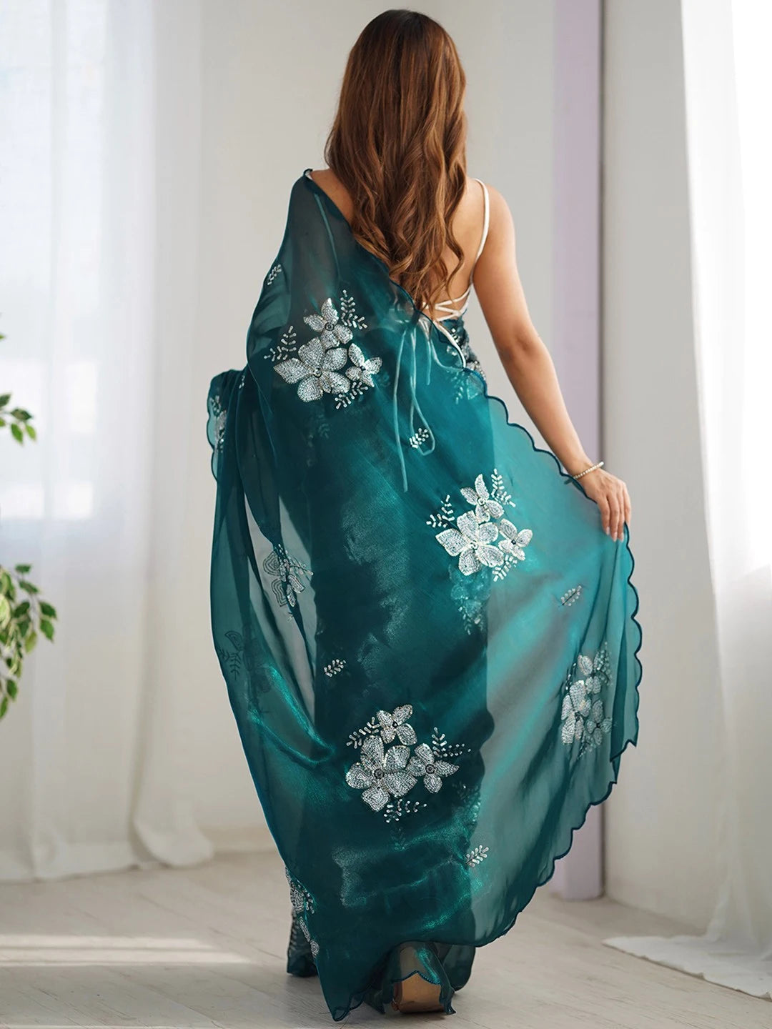 Dark Green Jimmy Choo Bollywood Style Chiffon Saree - Rheycart