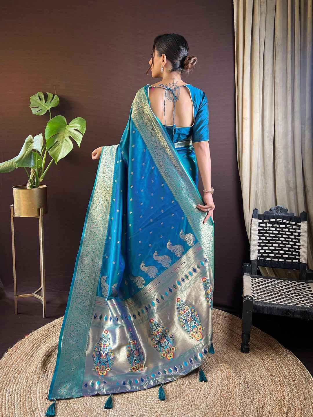 Paithani Silk Teal Blue Woven Saree - Rheycart