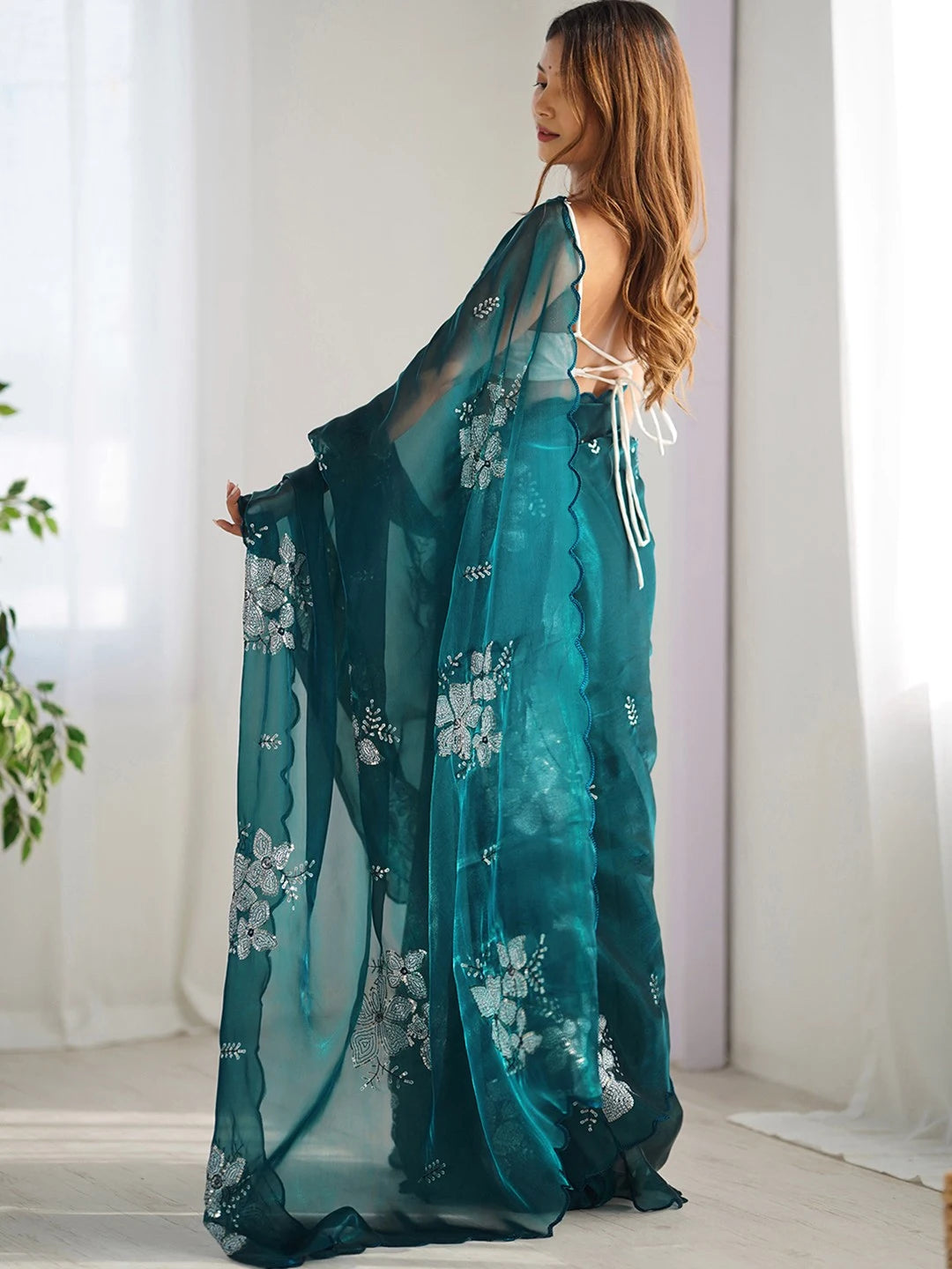 Dark Green Jimmy Choo Bollywood Style Chiffon Saree - Rheycart