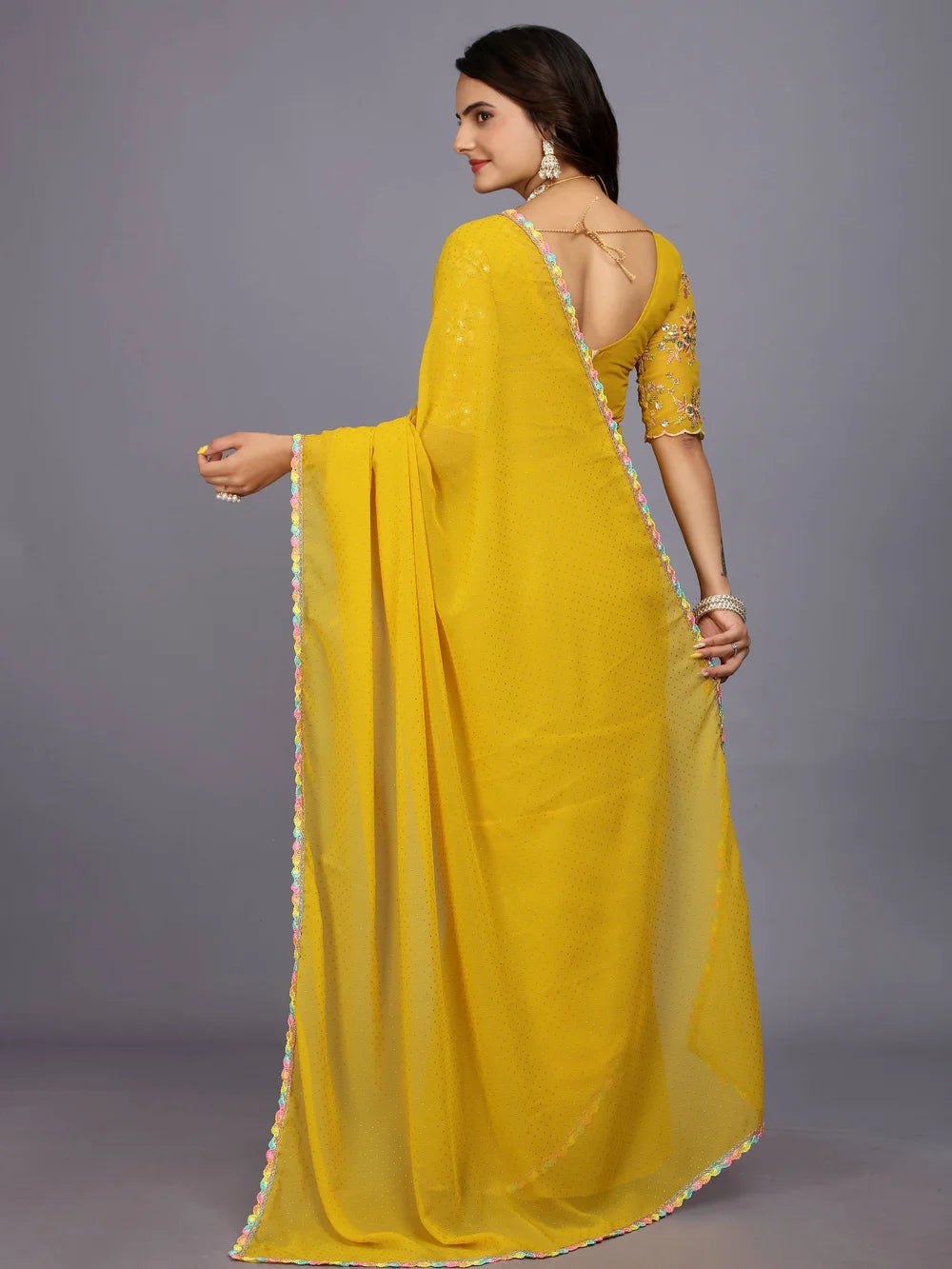 Yellow Plain Georgette Bollywood Saree For Women