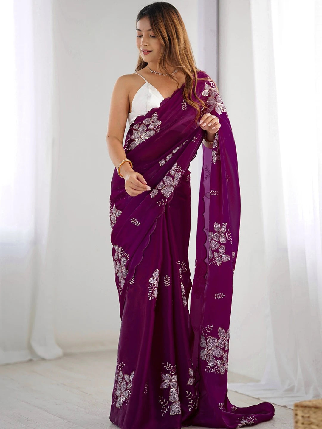 Jimmy Choo Bollywood Style Wine Chiffon Saree - Rheycart
