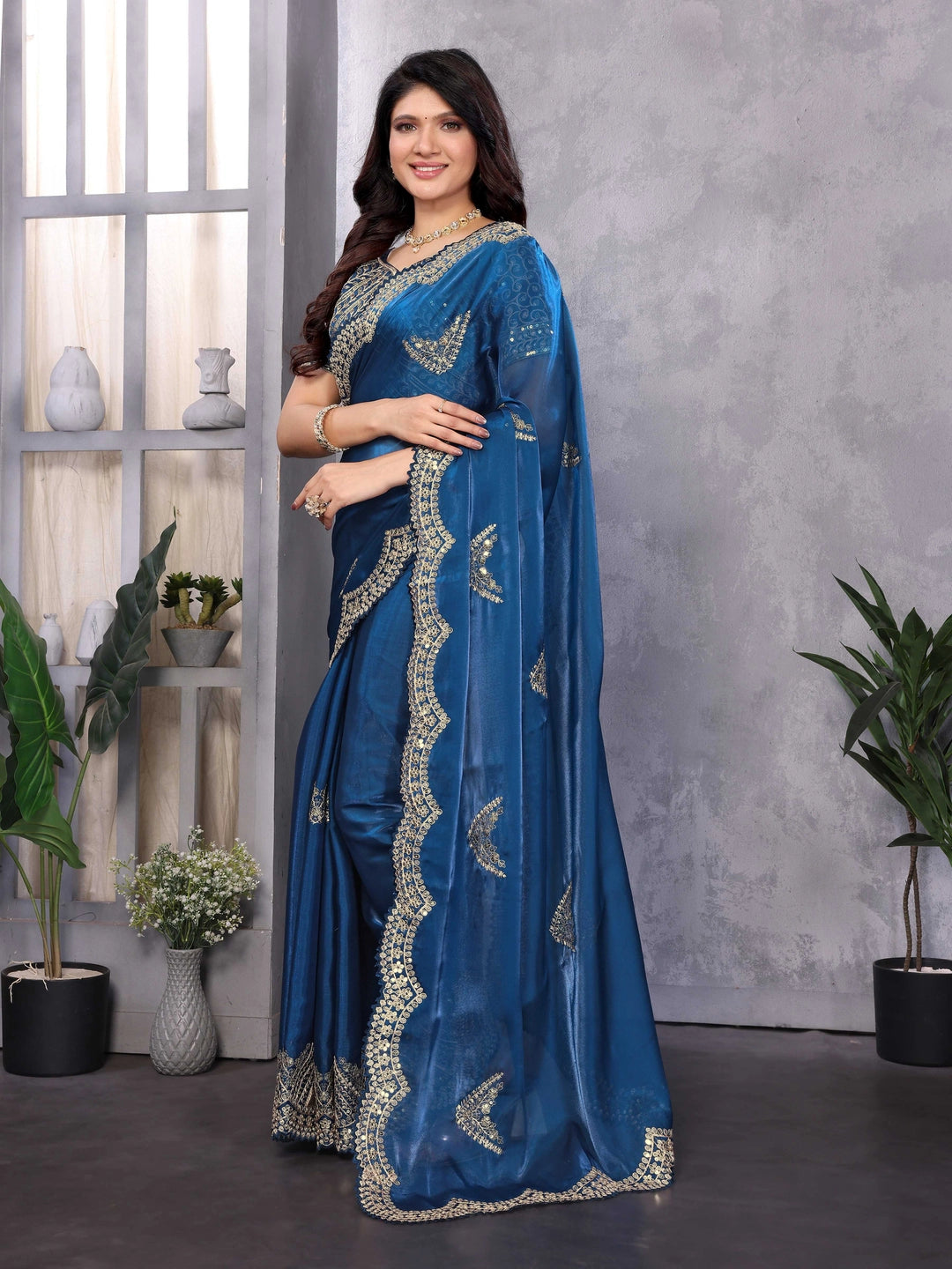Royal Blue Chiffon Saree With Embroidery Work - Rheycart