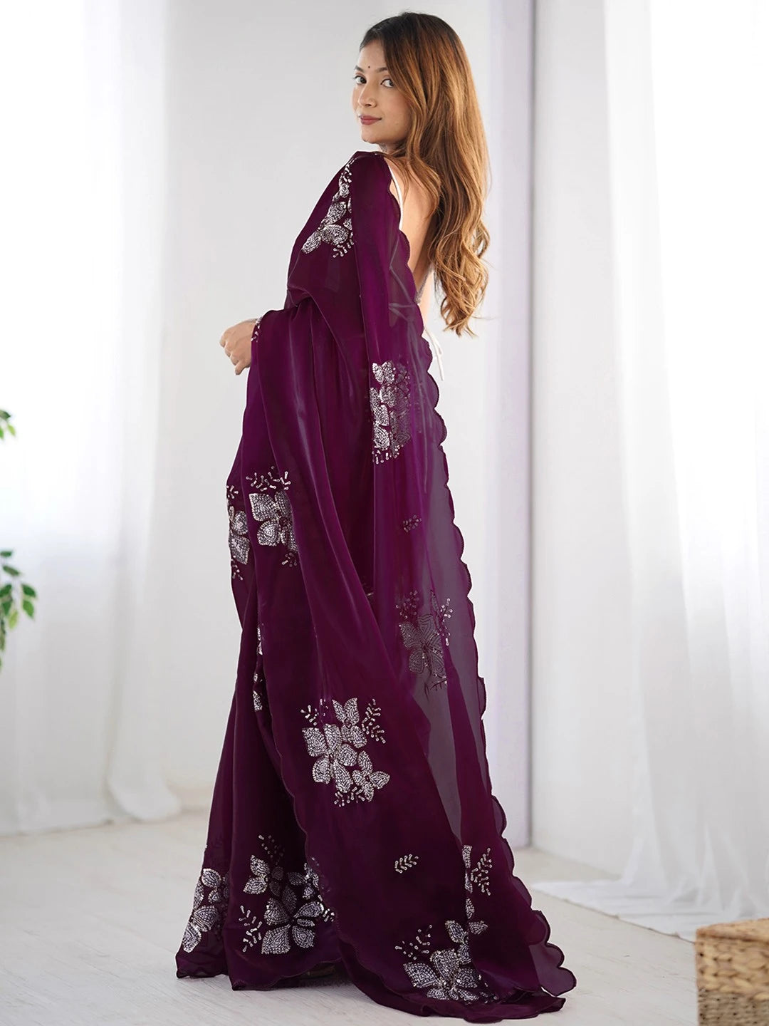 Jimmy Choo Bollywood Style Wine Chiffon Saree - Rheycart
