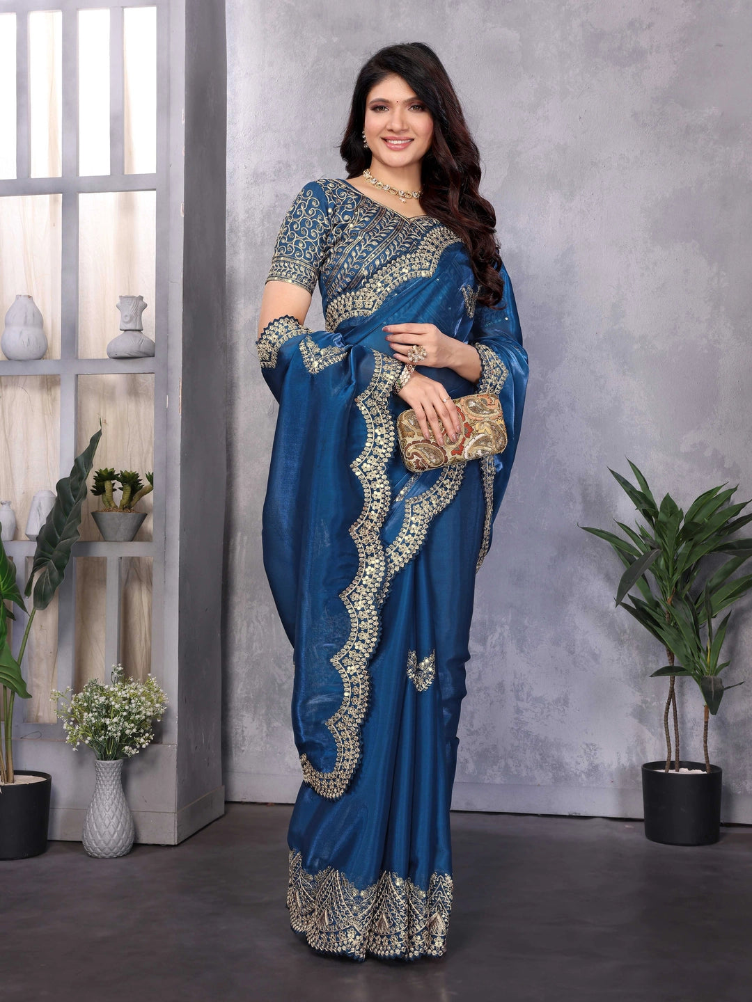 Royal Blue Chiffon Saree With Embroidery Work - Rheycart