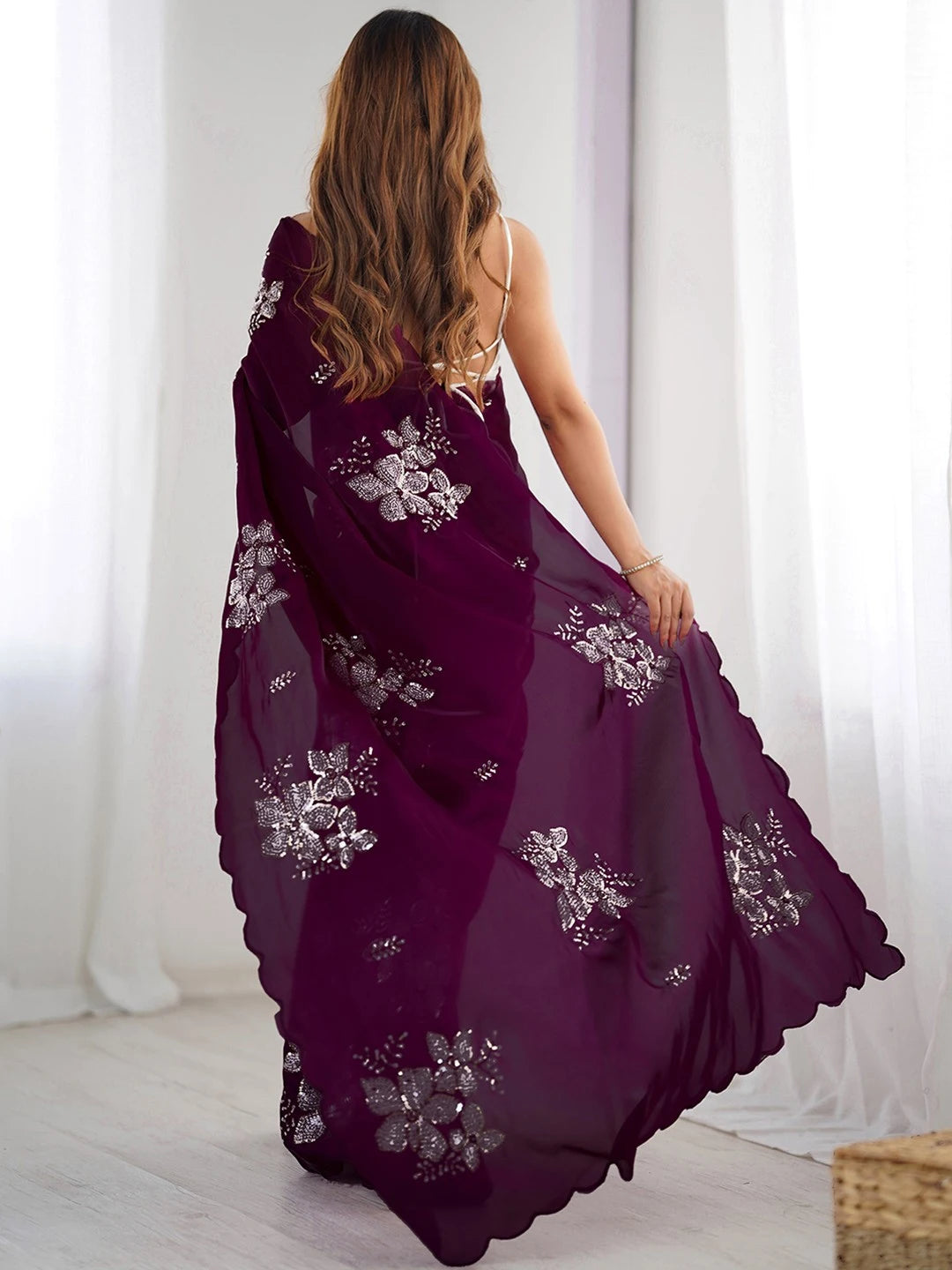 Jimmy Choo Bollywood Style Wine Chiffon Saree - Rheycart