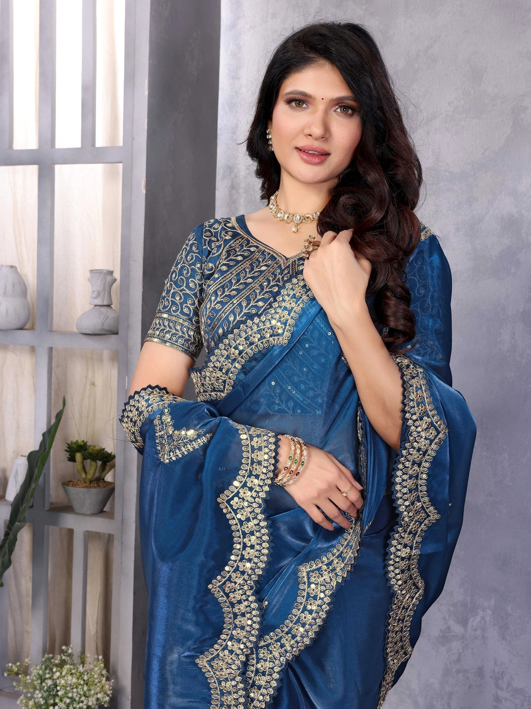 Royal Blue Chiffon Saree With Embroidery Work - Rheycart