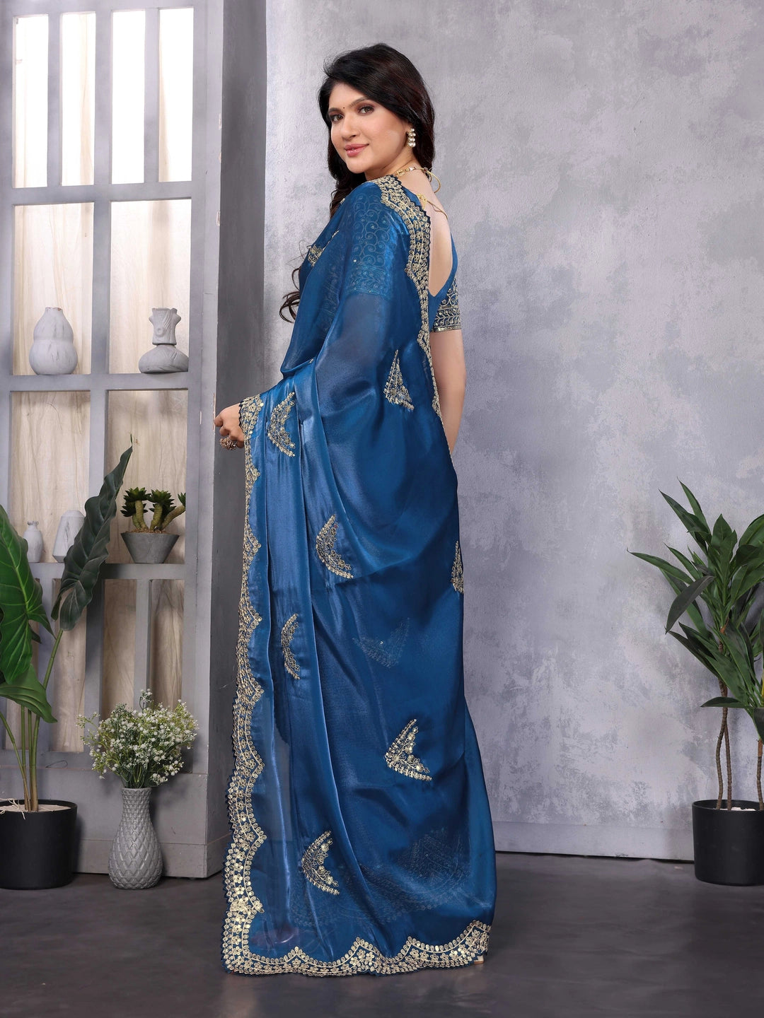 Royal Blue Chiffon Saree With Embroidery Work - Rheycart