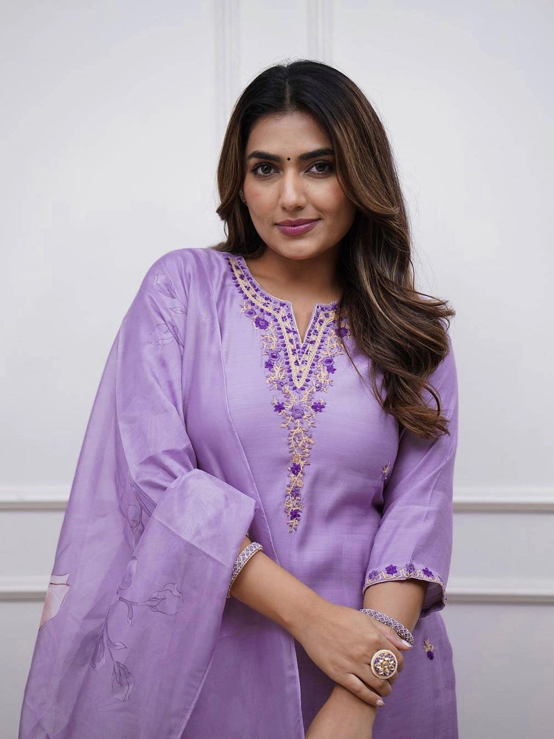 Lavender Embroidered Soft Rayon Kurta Set with Floral Dupatta - Rheycart