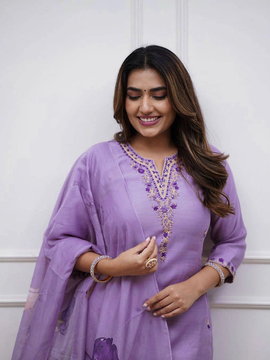 Lavender Embroidered Soft Rayon Kurta Set with Floral Dupatta - Rheycart