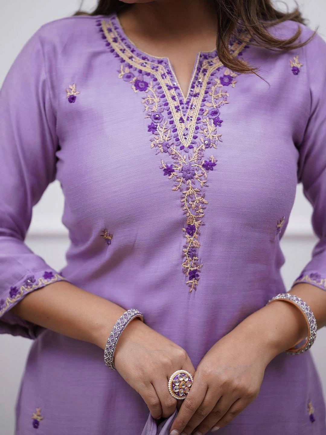 Lavender Embroidered Soft Rayon Kurta Set with Floral Dupatta - Rheycart