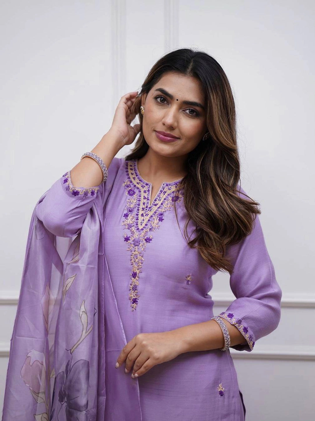 Lavender Embroidered Soft Rayon Kurta Set with Floral Dupatta - Rheycart