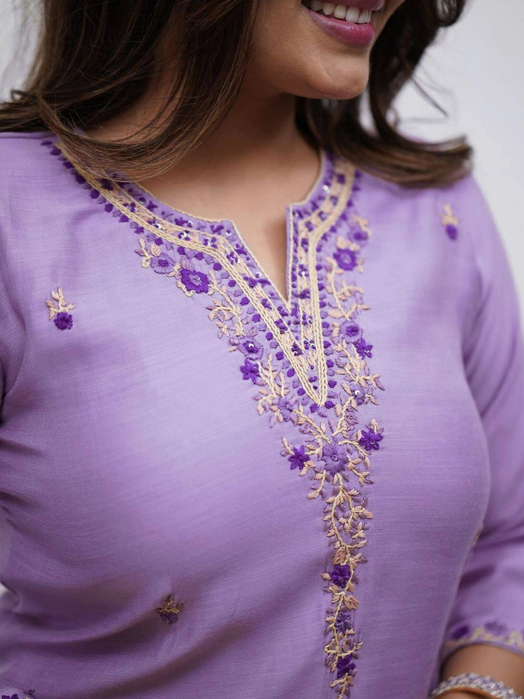 Lavender Embroidered Soft Rayon Kurta Set with Floral Dupatta - Rheycart