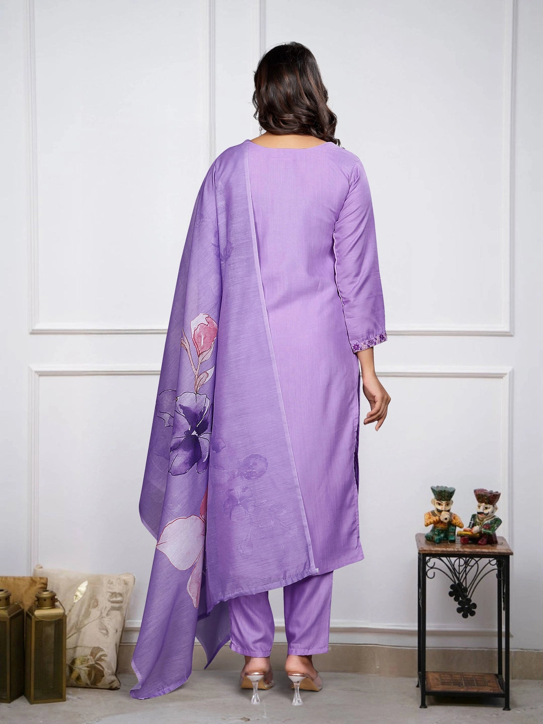 Lavender Embroidered Soft Rayon Kurta Set with Floral Dupatta - Rheycart