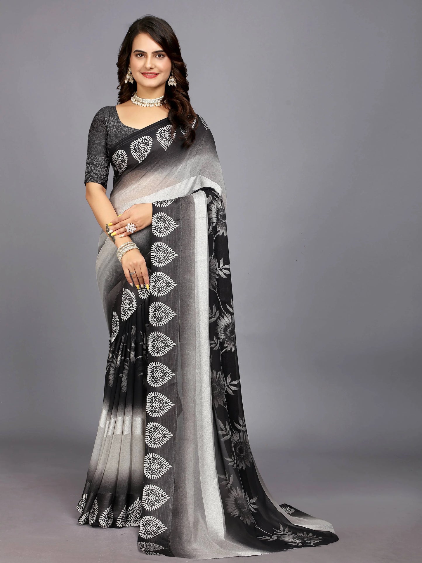 Black Ethnic Motifs Printed Chiffon Saree