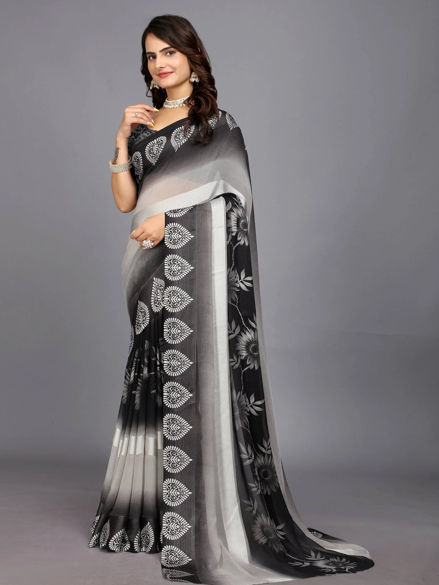 Black Ethnic Motifs Printed Chiffon Saree