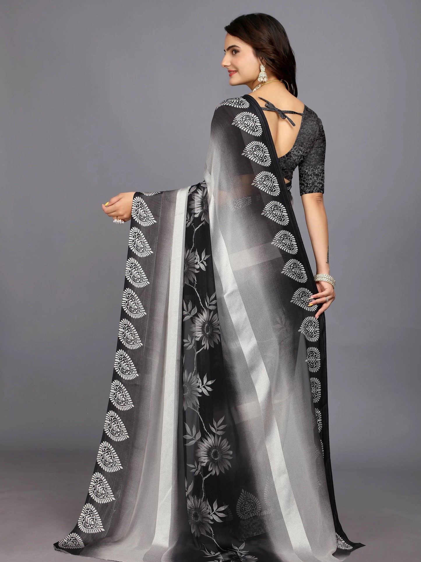 Black Ethnic Motifs Printed Chiffon Saree