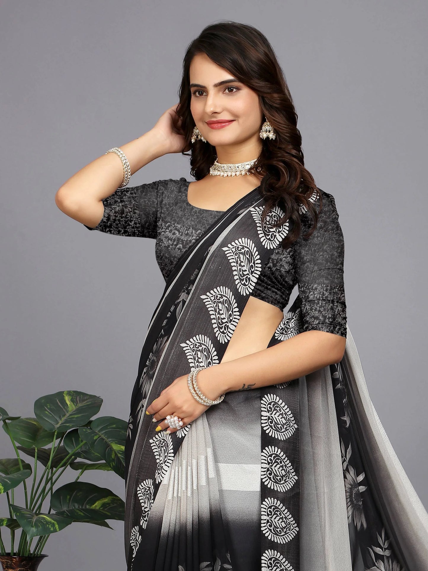 Black Ethnic Motifs Printed Chiffon Saree
