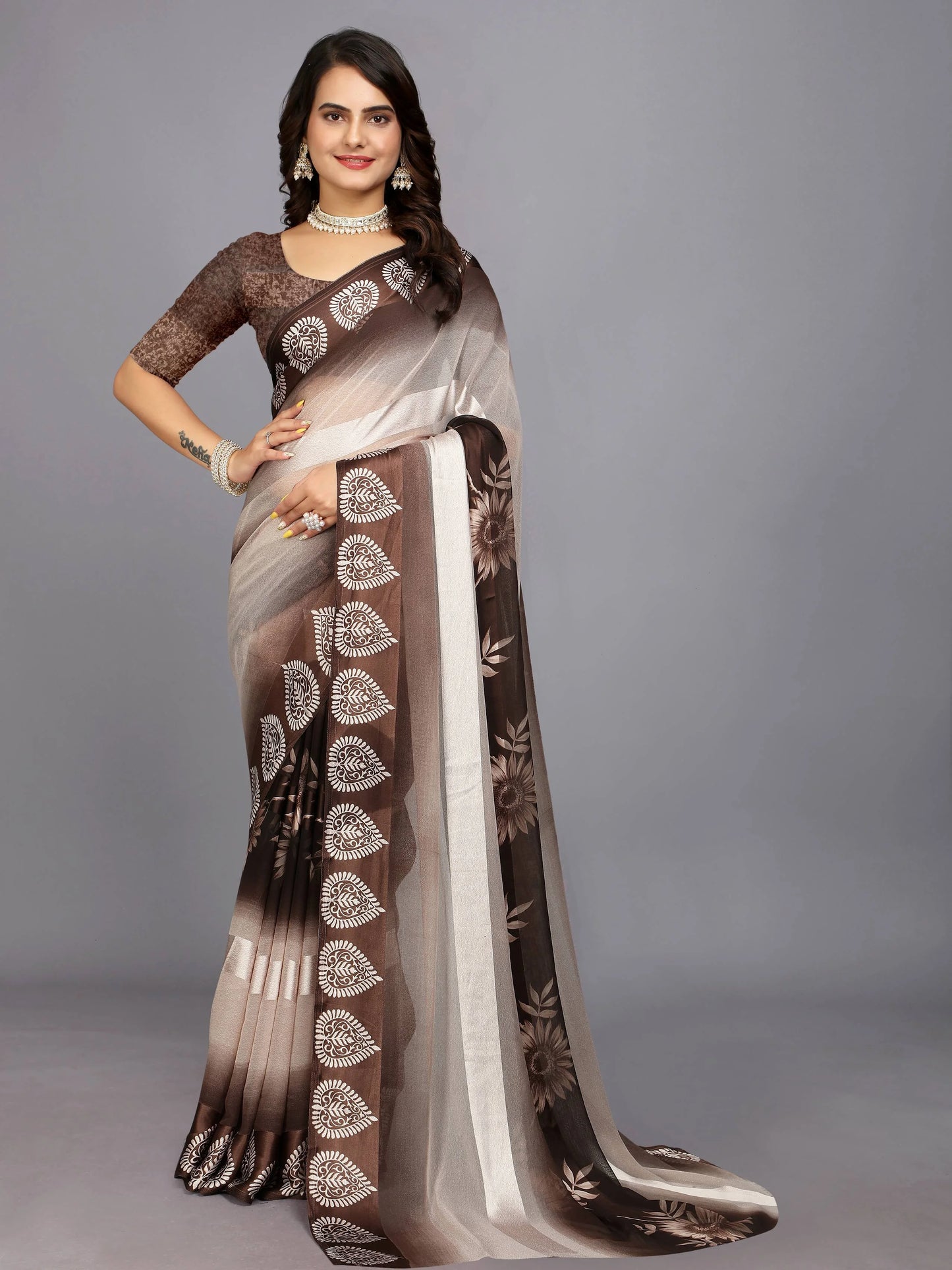 Brown Ethnic Motifs Printed Chiffon Saree