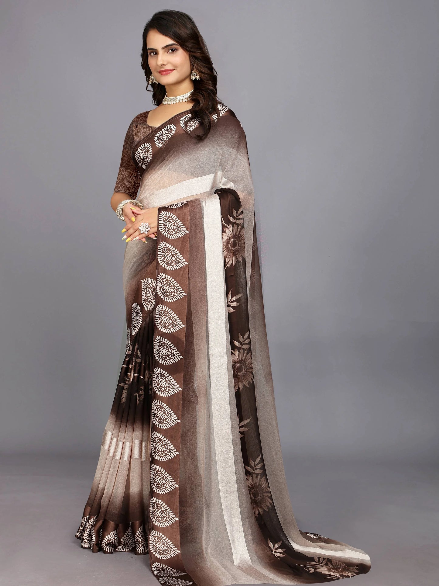 Brown Ethnic Motifs Printed Chiffon Saree