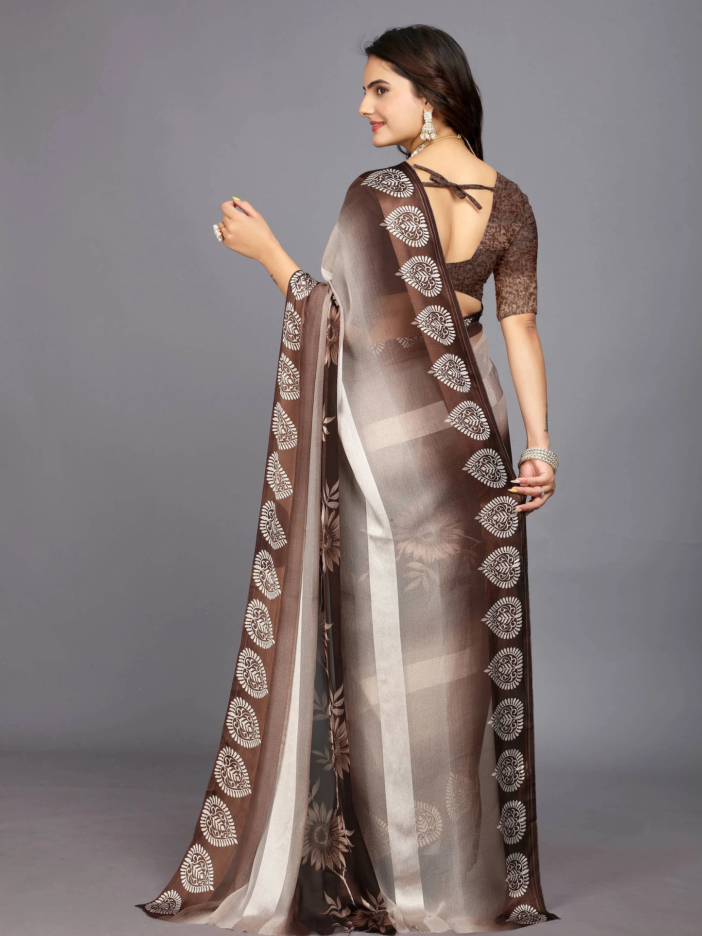 Brown Ethnic Motifs Printed Chiffon Saree