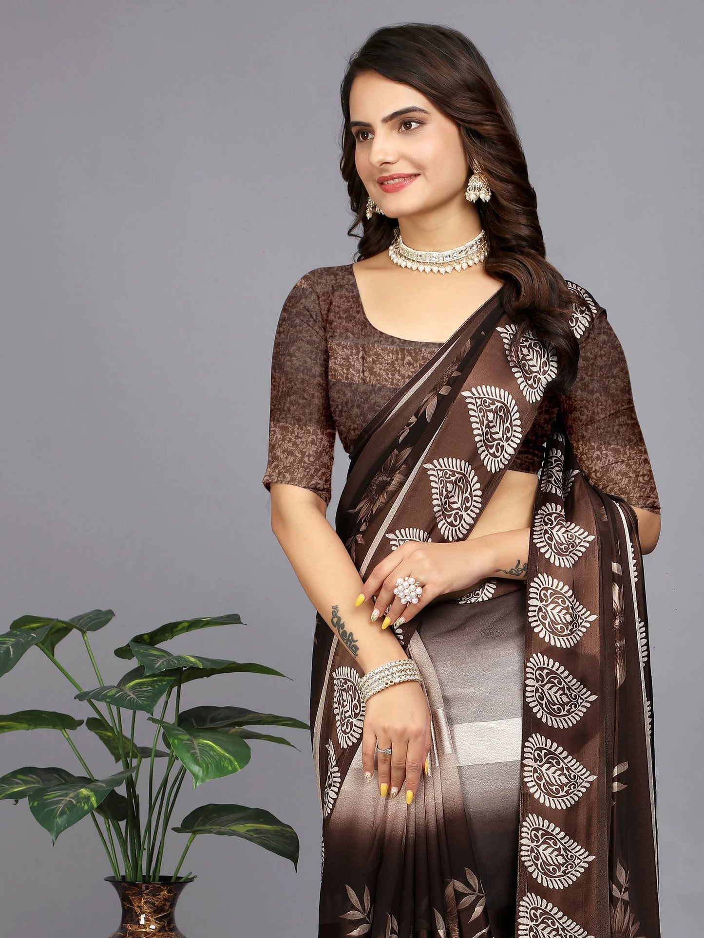 Brown Ethnic Motifs Printed Chiffon Saree