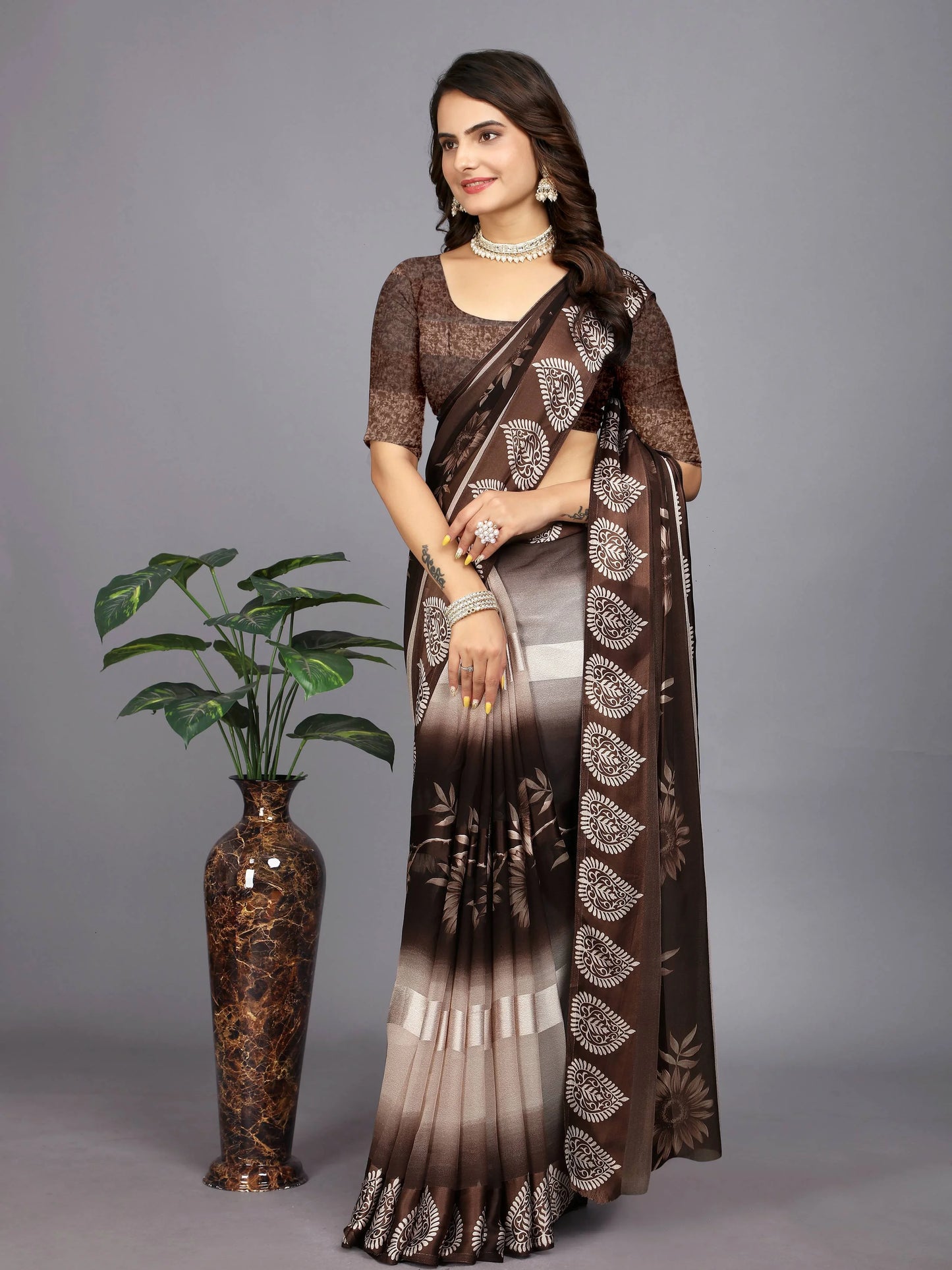 Brown Ethnic Motifs Printed Chiffon Saree
