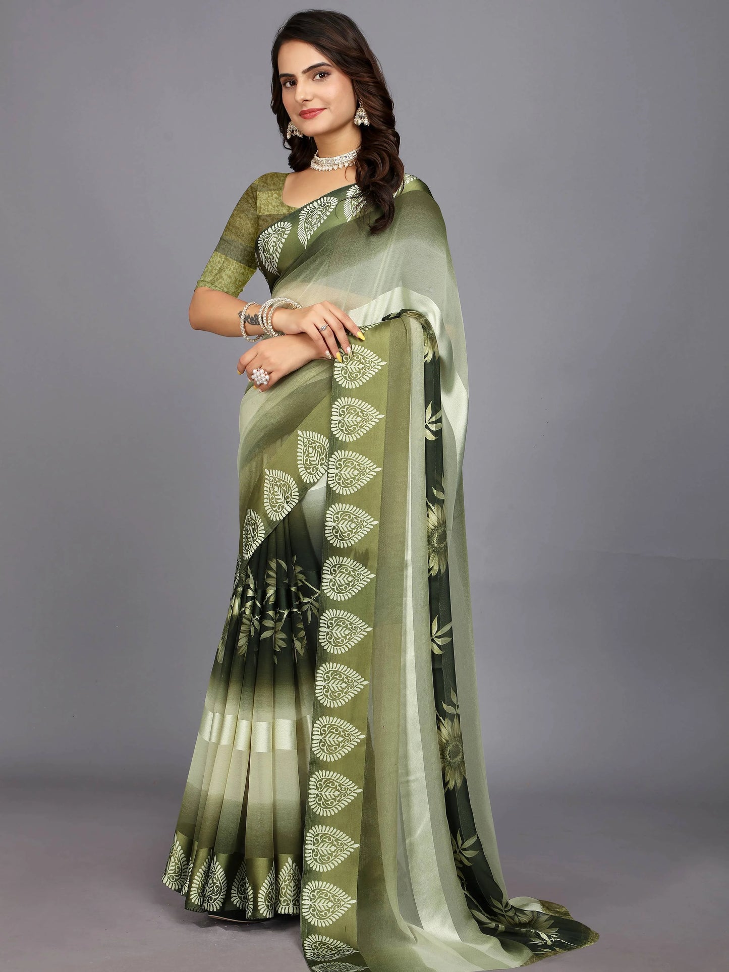 Green Ethnic Motifs Printed Chiffon Saree