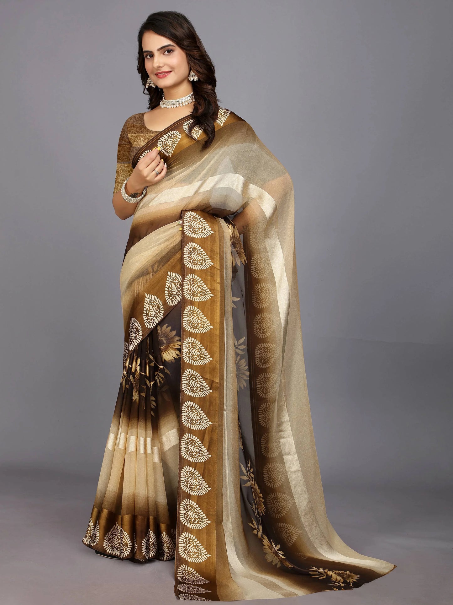 Beige Ethnic Motifs Printed Chiffon Saree