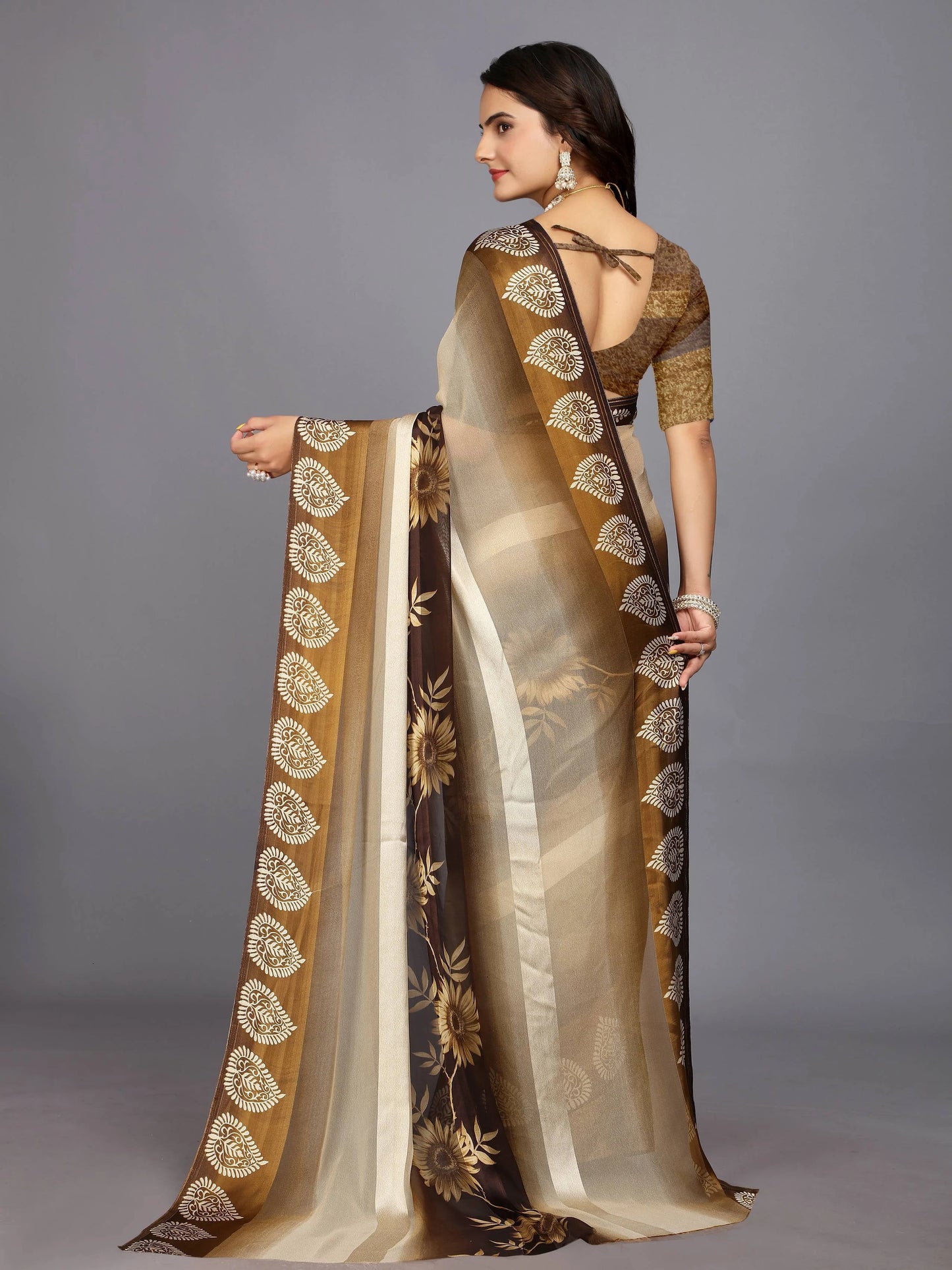 Beige Ethnic Motifs Printed Chiffon Saree