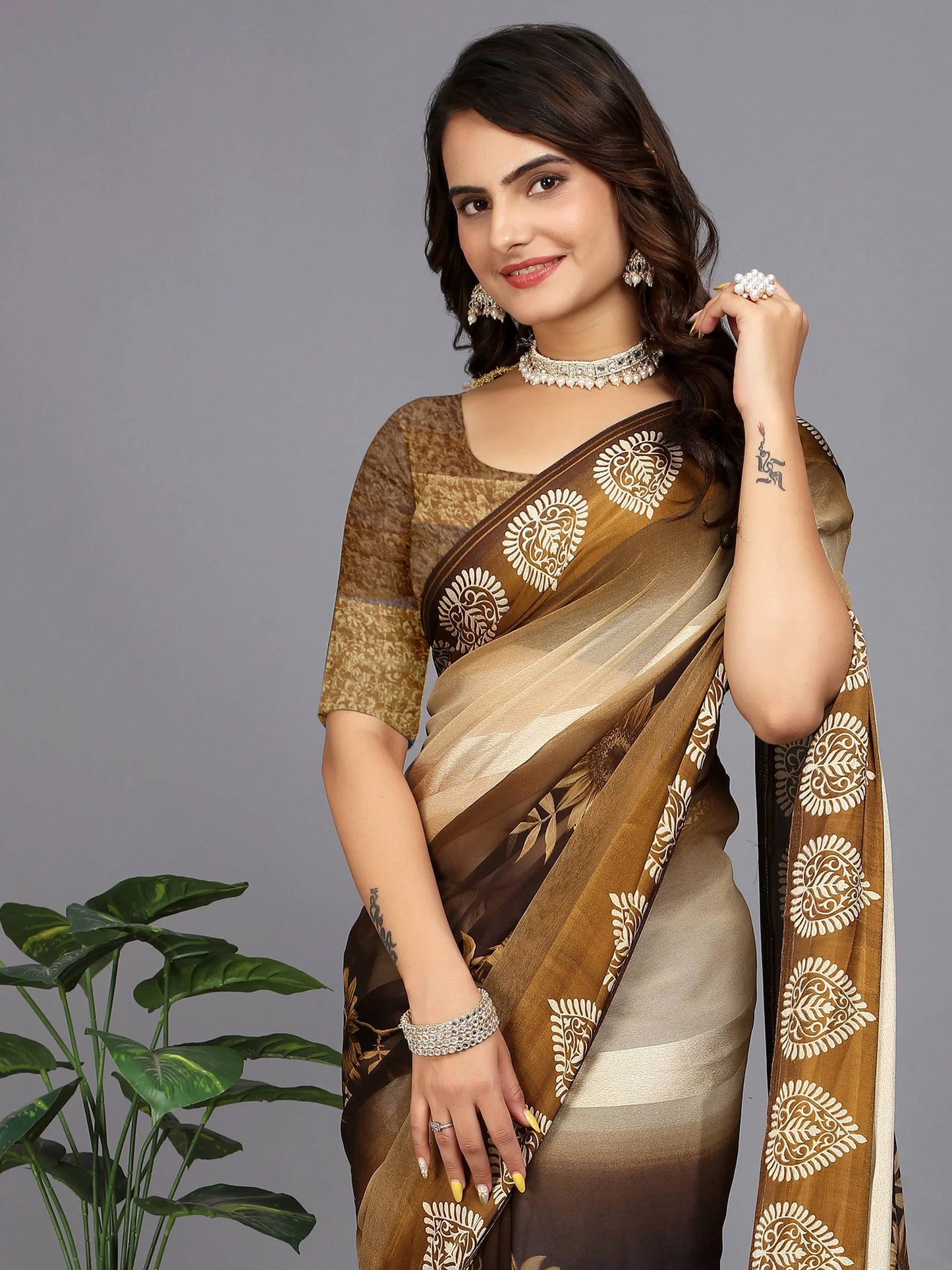 Beige Ethnic Motifs Printed Chiffon Saree