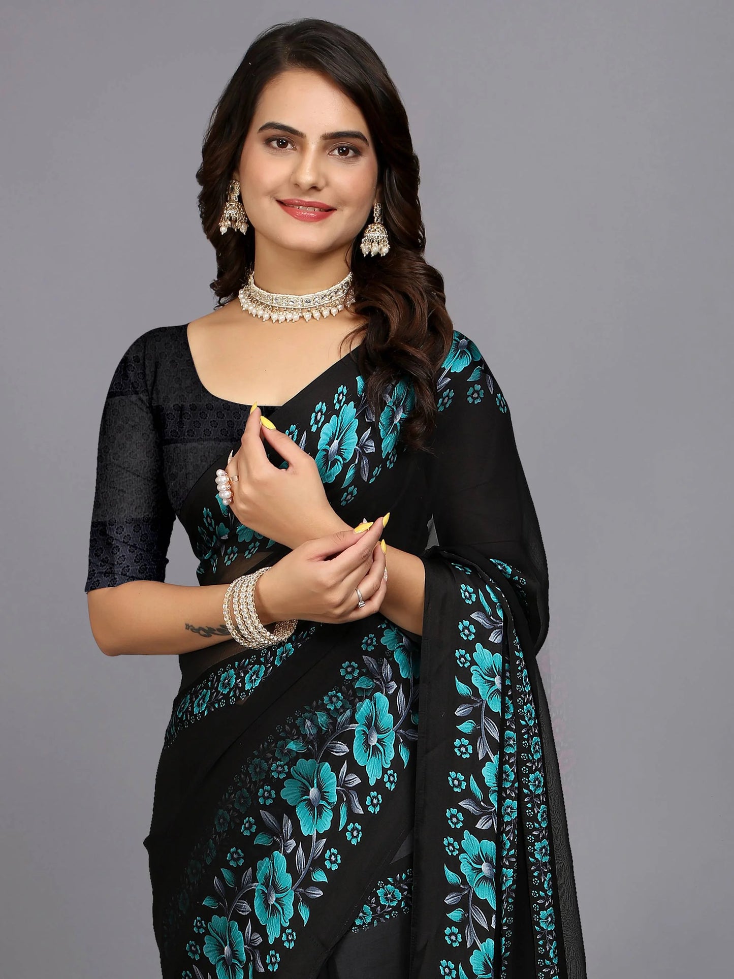 Blue Floral Print Daily Wear Chiffon Saree For Women