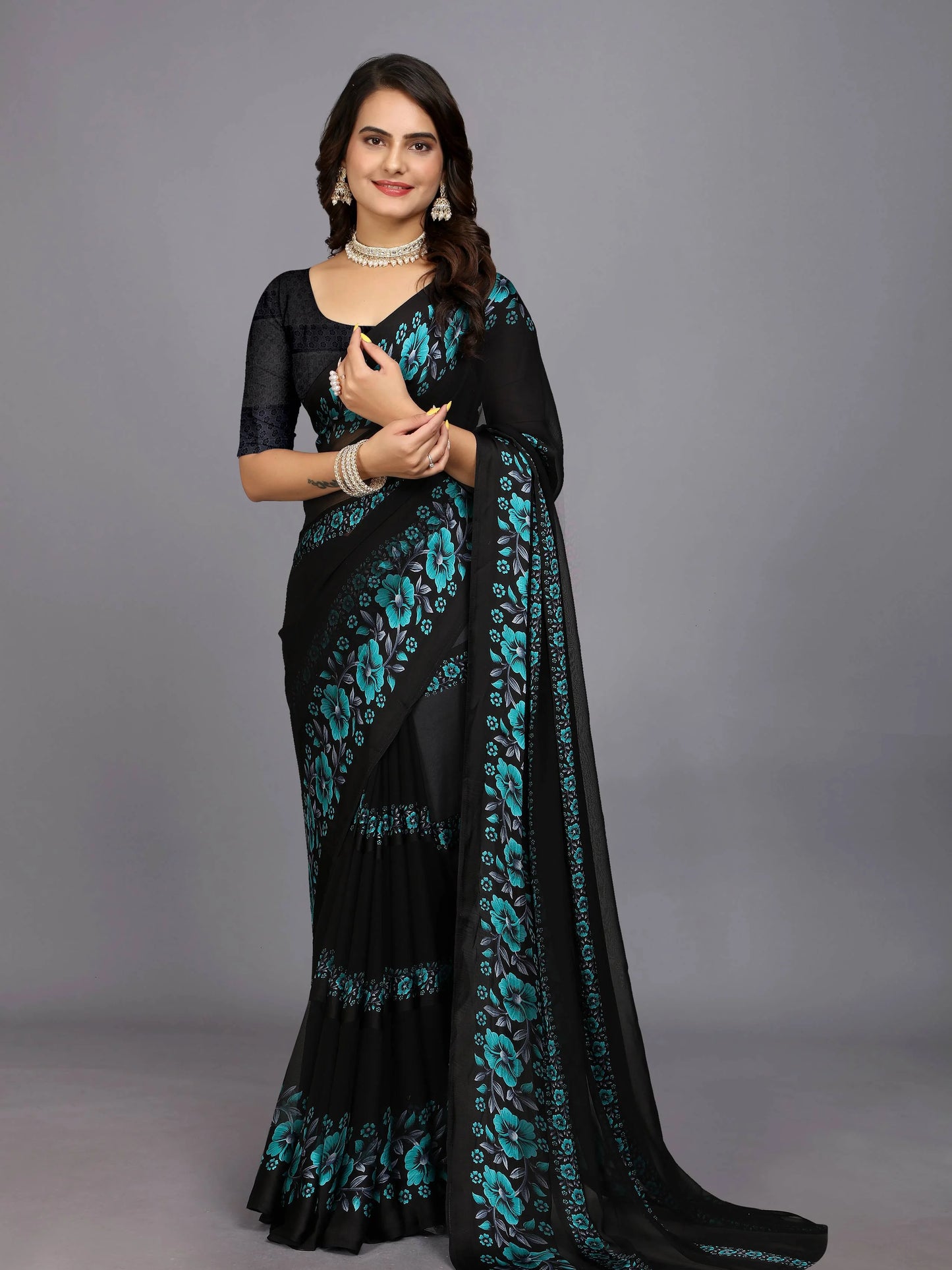 Blue Floral Print Daily Wear Chiffon Saree For Women