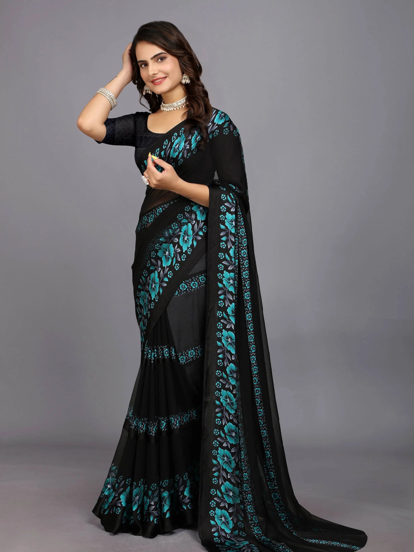 Blue Floral Print Daily Wear Chiffon Saree For Women