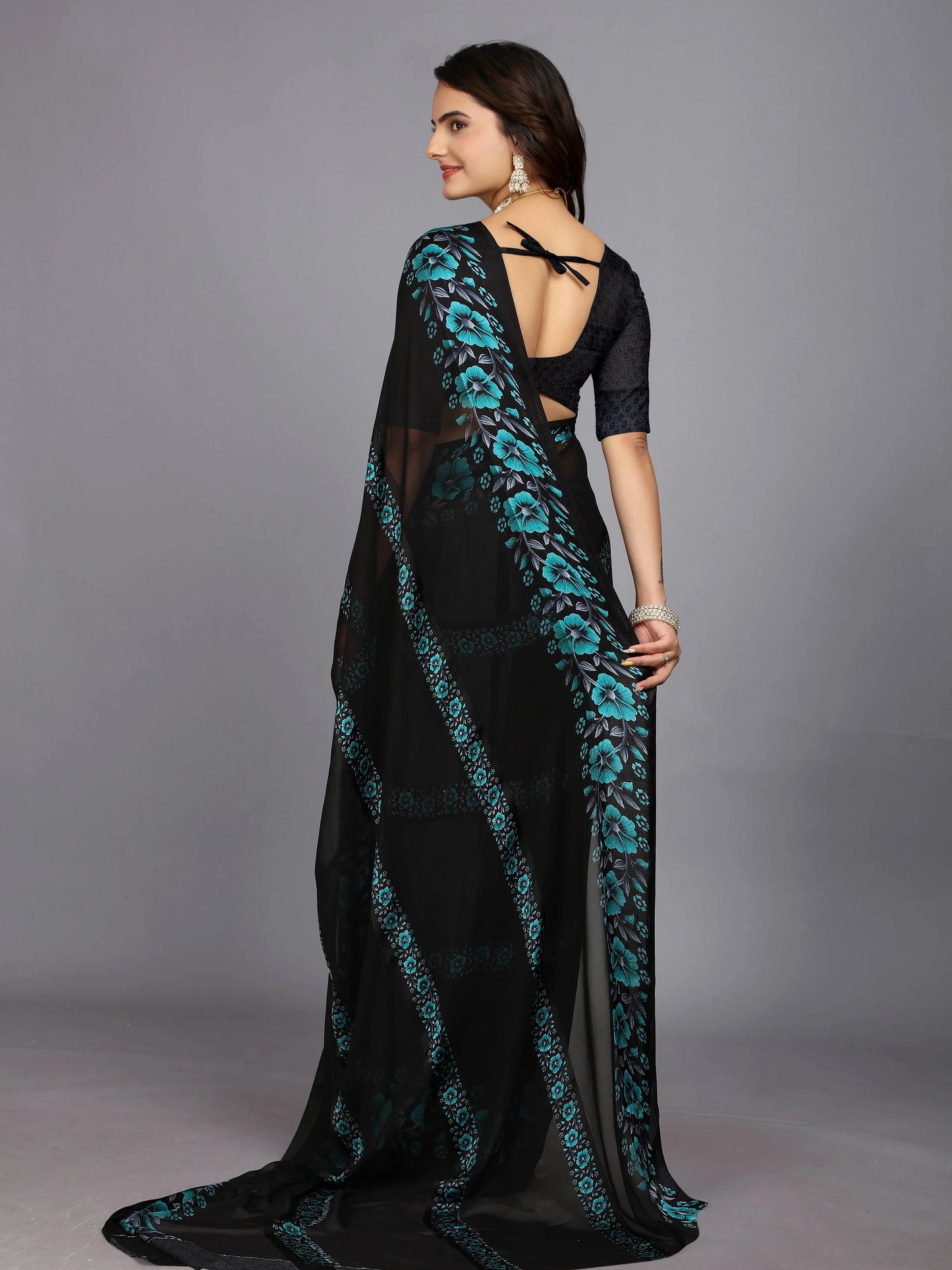 Blue Floral Print Daily Wear Chiffon Saree For Women